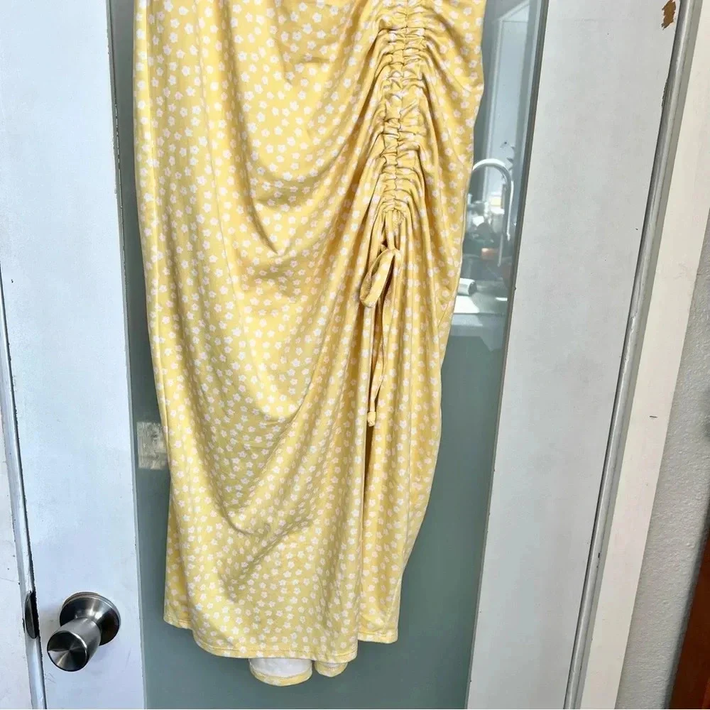 Hollister Yellow Cinched Floral Side Slit Midi Sun Dress Summer Spring Size XS - Picture 5 of 15